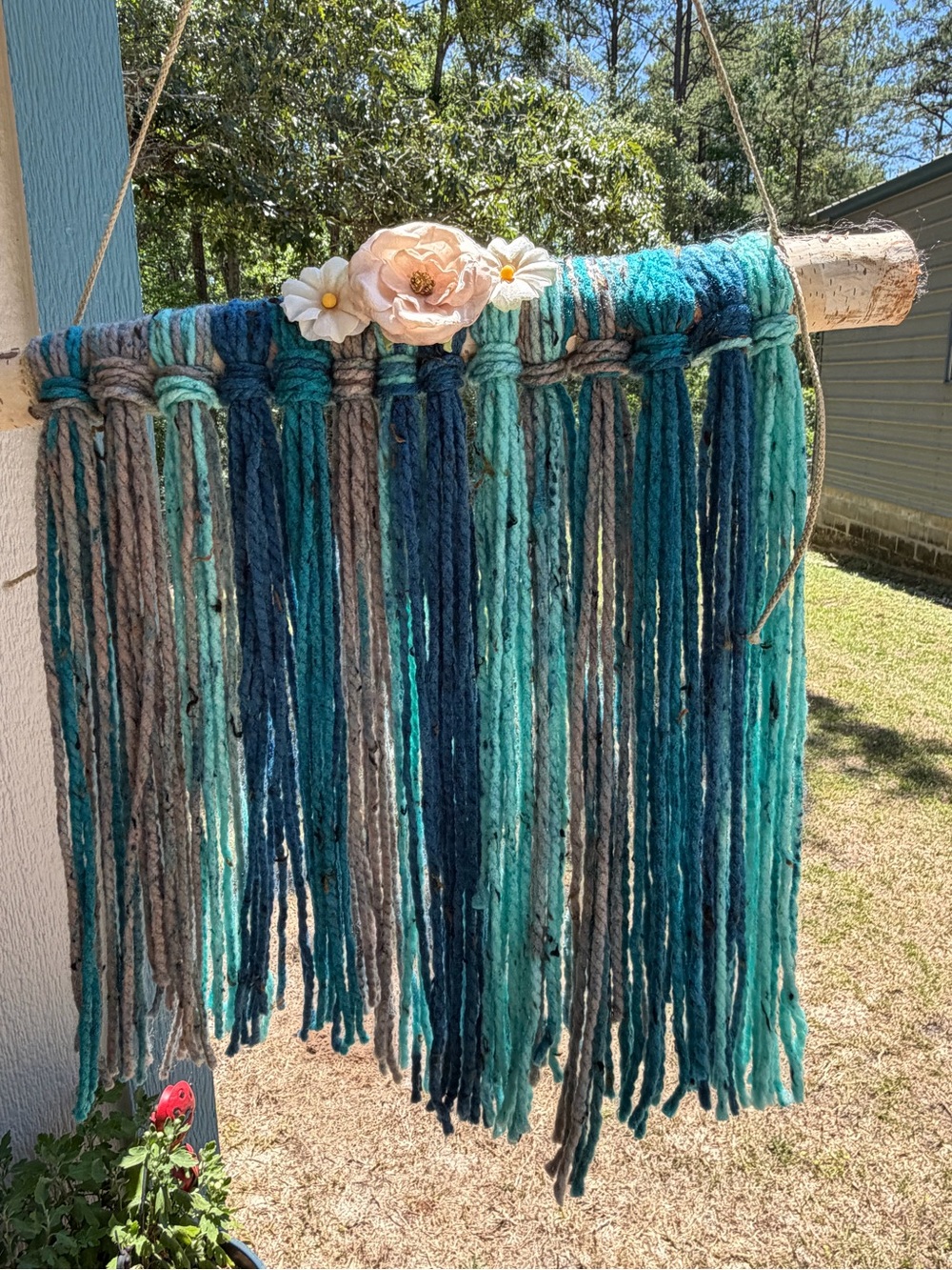 Handmade Teal & Navy Yarn Fringe Wall Hanging with Floral Accent